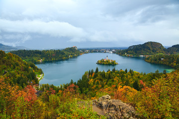 Bled with lake, island and mountains in background, Slovenia