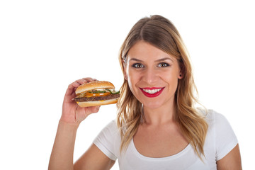 Beautiful young woman with hamburger