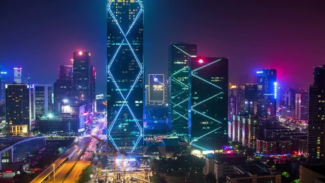 Shenzhen at night from roof, timelapse. China
