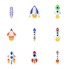 Fast rockets icons set, cartoon style