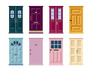 Vector set of colorful door icons isolated on white background. Blue, pink, yellow, green, violet, purple, turquoise