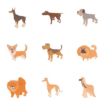 Faithful friend dog icons set, cartoon style