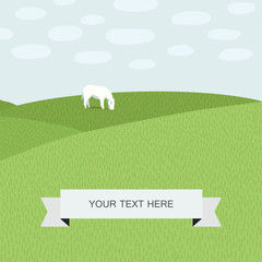 Lonely horse with green meadows and blue sky in background.