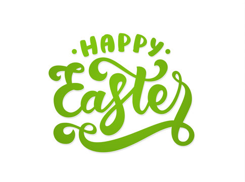 Vector illustration. Handwritten green elegant modern brush lettering of Happy Easter on white background.