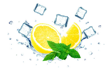 Lemon splashing water and ice cubes isolated