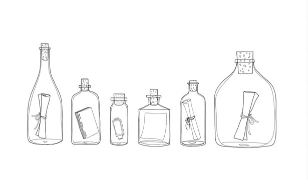 Message in a Bottle hand drawn vector set line art illustration