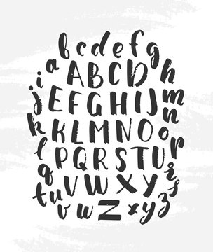 Vector illustration: Hand Drawn English grunge alphabet letters on white textured background. 