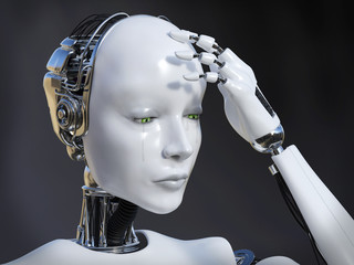 3D rendering of female robot crying nr 1.