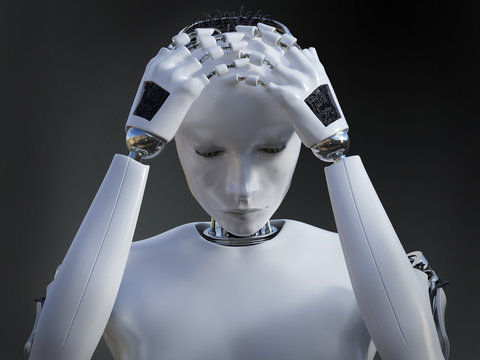 3D rendering of female robot looking sad.
