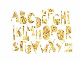 hand drawn fonts with gold paper texture. Abstract watercolor alphabet isolated on white background