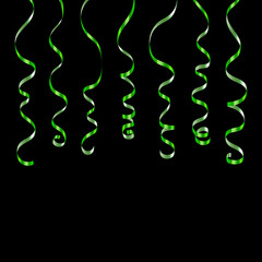 Green curly ribbons. Serpentine on black background. Colorful streamers. Design decoration party, birthday, Christmas, New Year celebration, anniversary, carnival Vector illustration