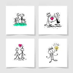 set of four marker hand drawing sketch doodle human stick figure