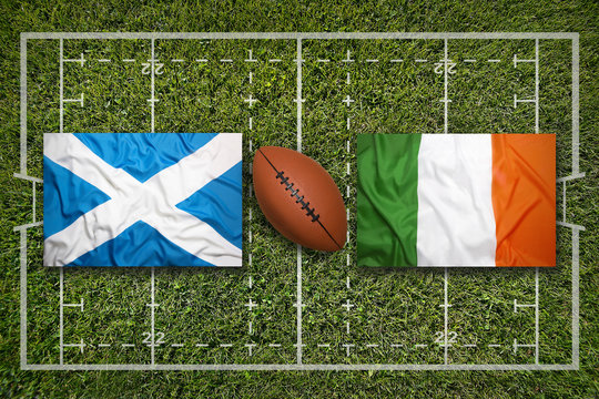 Scotland vs. Ireland flags on rugby field
