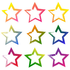 Set of colorful grunge hand drawn stars on white background. Han