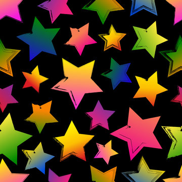 Seamless pattern with colorful grunge hand drawn stars on white 