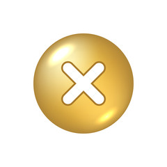 Obraz premium Cross sign gold element. Golden metal X icon isolated on white background. Mark graphic design. Volume button for vote, decision, web. Symbol error, check, wrong stop, failed. Vector illustration