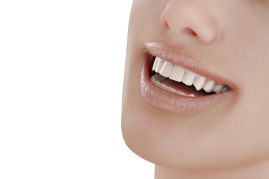 Illustration of dental care. Perfect teeth. Close-up of beautiful and healthy woman smile. 3d render.