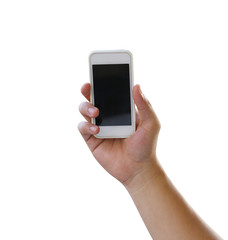 Hand of man holding a smartphone isolated on white background.