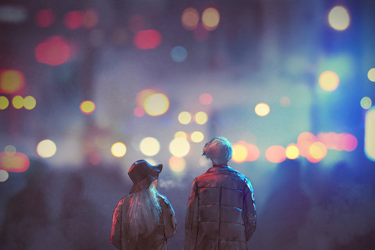 back view of couple in love walking on street of city at night,illustration painting