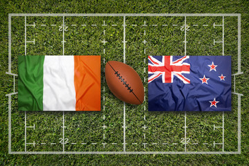 Ireland vs. New Zealand flags on rugby field
