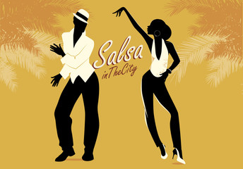Young couple silhouettes dancing salsa or latin music. Vector illustration - obrazy, fototapety, plakaty