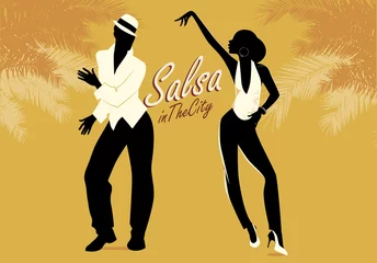 Fotobehang Young couple silhouettes dancing salsa or latin music. Vector illustration © LaInspiratriz