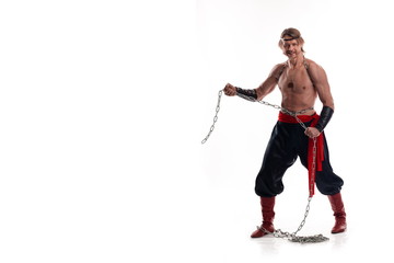 character for a computer game. portrait of actor athlete man in trousers with naked torso with...