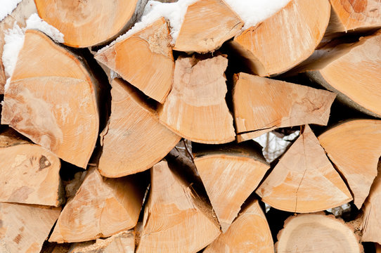 Pile of chopped unseasoned firewood logs