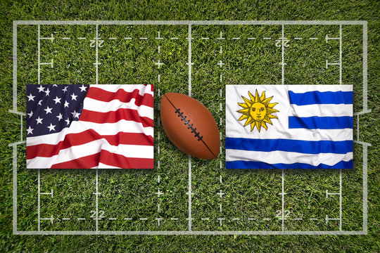 USA vs. Uruguay flags on rugby field