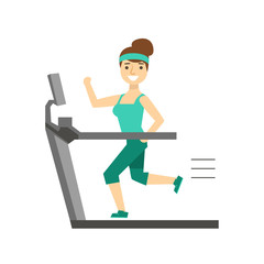Woman Running On Treadmill, Member Of The Fitness Club Working Out And Exercising In Trendy Sportswear