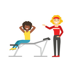 Woman Exercising Abs With Help Of Personal Trainer, Member Of The Fitness Club Working Out And Exercising In Trendy Sportswear