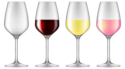 Wine glasses - empty, red wine, white wine and rose wine. Vector illustration.