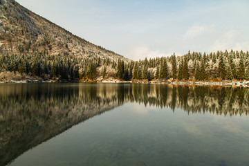first snow at the mountain lake