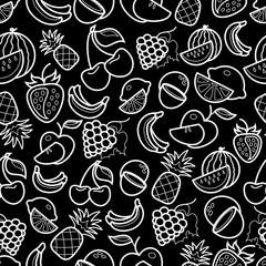 Line art fruit  icons pattern on black background v - 134009153