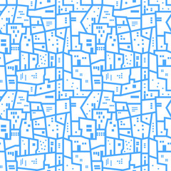 Light blue abstract urban seamless pattern. Landscape with city blocks. Vector background.
