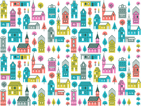 Seamless vector pattern with different buildings and trees. Repeated city texture. Retro urban background with houses, stores and churches. © lankogal