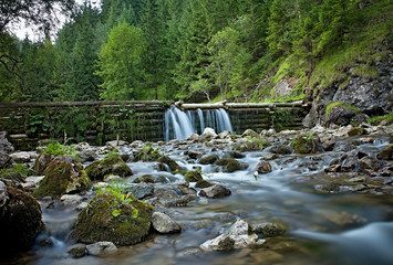 Small waterfall at the confluence rivers Borovianka, Hutianka and Raztocianka in Kvacianska valley .