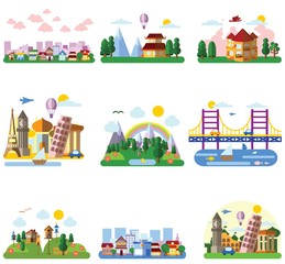 Set of different landscapes in the flat style - urban, rural, country, fabulous, city, mountain, travel and seascape 