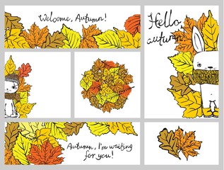 Vector autumn cards with cute cat, rabbit and autumn leaves for invitation, greeting card design, t-shirt print, inspiration poster.