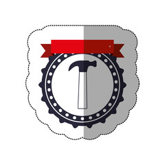 middle shadow sticker with circular frame with hammer and ribbon vector illustration