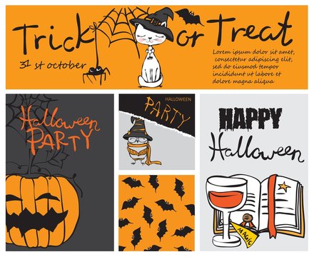 Vector illustration of Halloween party banners and cards collection. 