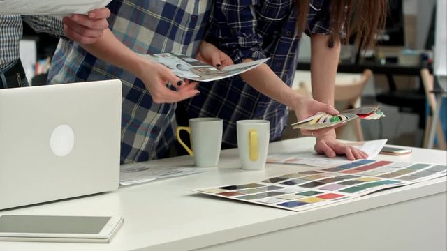 Young designers working with color palette and samples at office desk