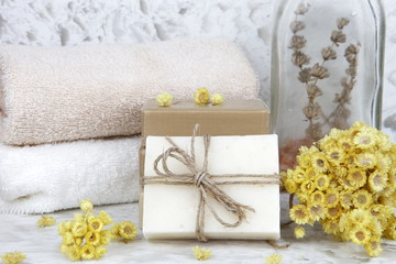 Photographed bathroom decor and beauty and health products in studio environment