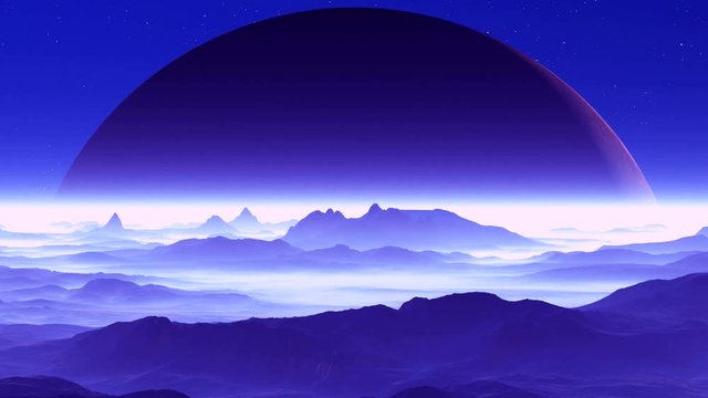 Huge Planet over Alien Terrain. Huge dark planet rises above the hazy horizon. A deserted mountainous terrain covered with thick white haze. In the night sky bright stars. 