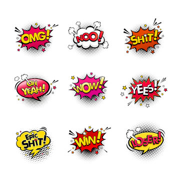 Comic speech bubbles and splashes set with different emotions and text Wow, Omg, Oh Yeah, Shit, No, Yes, Epic Shit, Win, Loser. Vector bright dynamic cartoon illustrations isolated on white background