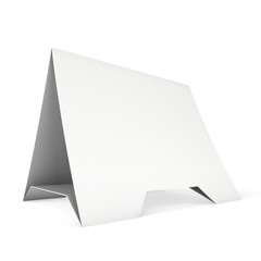 Blank paper tent card. 3d render illustration isolated. Table card mock up on white background.