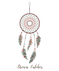 American Indians amulet. Dream catcher with feathers and beads on a white background. Boho style.