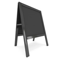 Sandwich board. Black menu outdoor display with clipping path. Trade show booth. 3d render isolated on white background. High Resolution Template for your design.