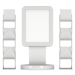 LCD Display Stand and Magazine Rack. Blank Trade Show Booth. 3d render isolated on white background. High Resolution image. Ad template for your expo design.