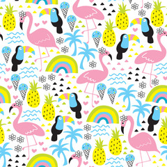 Naklejka premium seamless tropical flamingo and toucan pattern vector illustration